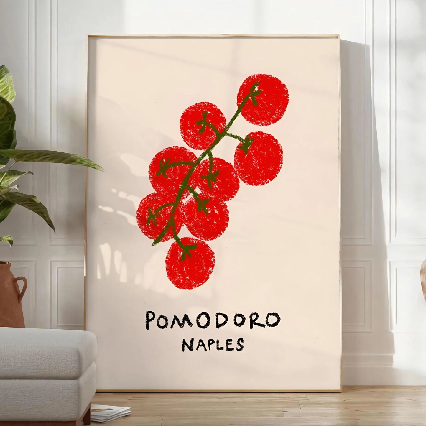 kitchen decor vibrant Pomodoro Naples poster fusion green orange hues wall art unique gift essence Italy culinary artistry sizes A4 cm A0