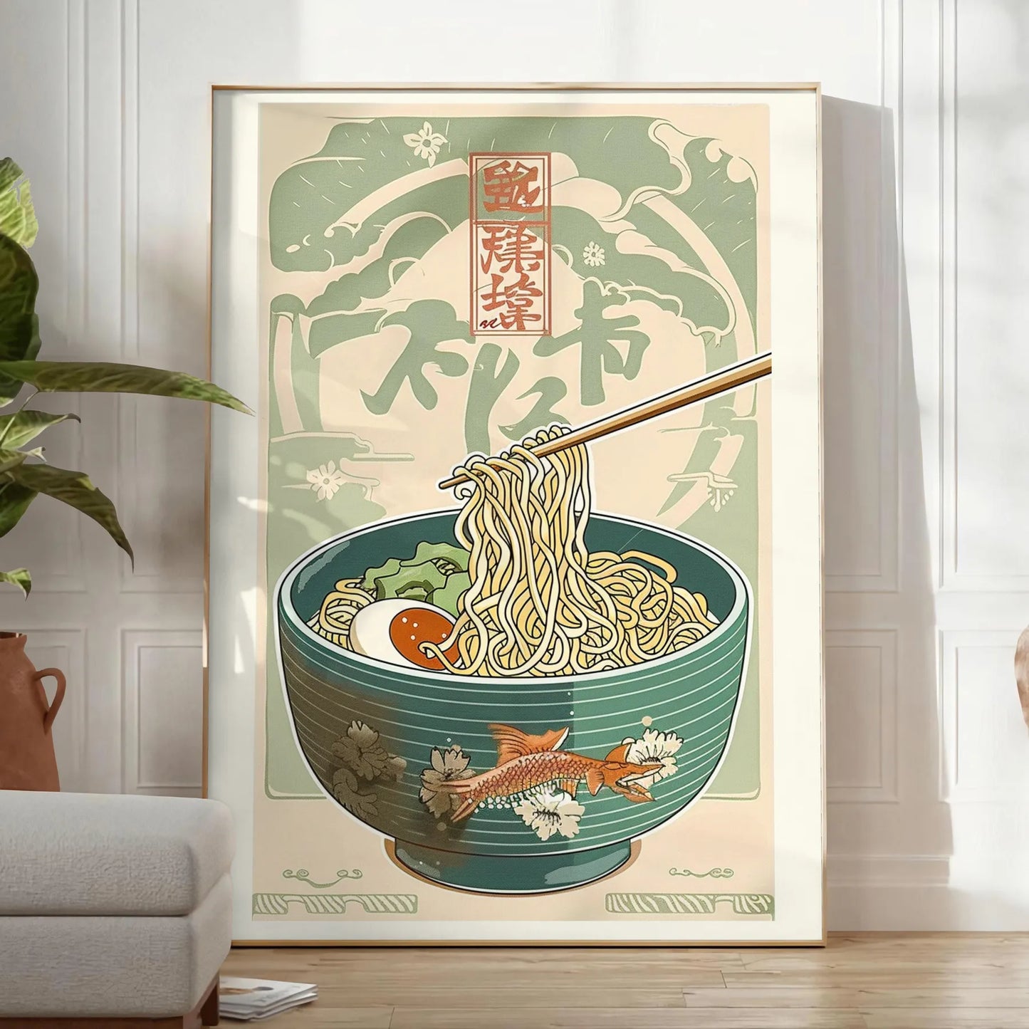 kitchen decor vibrant Ramen poster bold green orange hues stunning wall art taste culinary delight space unique gift personal artwork A4 cm A0