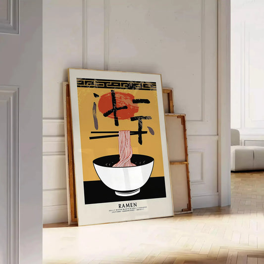 kitchen décor vibrant Ramen poster bold yellow black hues striking wall art essence favorite dish ideal gift lovers available sizes A4 cm A0