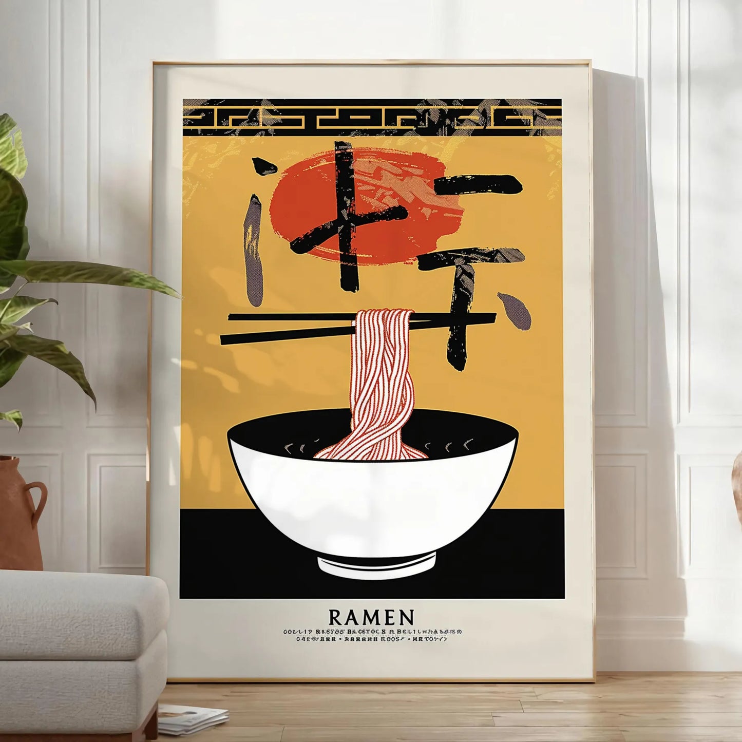 kitchen décor vibrant Ramen poster bold yellow black hues striking wall art essence favorite dish ideal gift lovers available sizes A4 cm A0