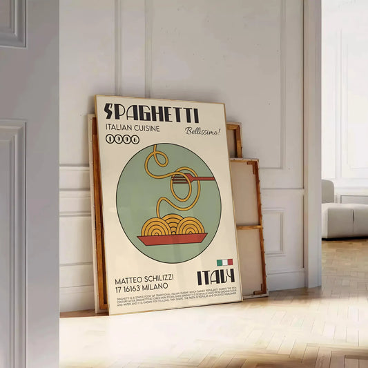 kitchen ambiance Spaghetti Italian Cuisine Poster elegant black brown hues wall art perfect gift food lovers chic touch culinary space A4 cm A0 print sizes