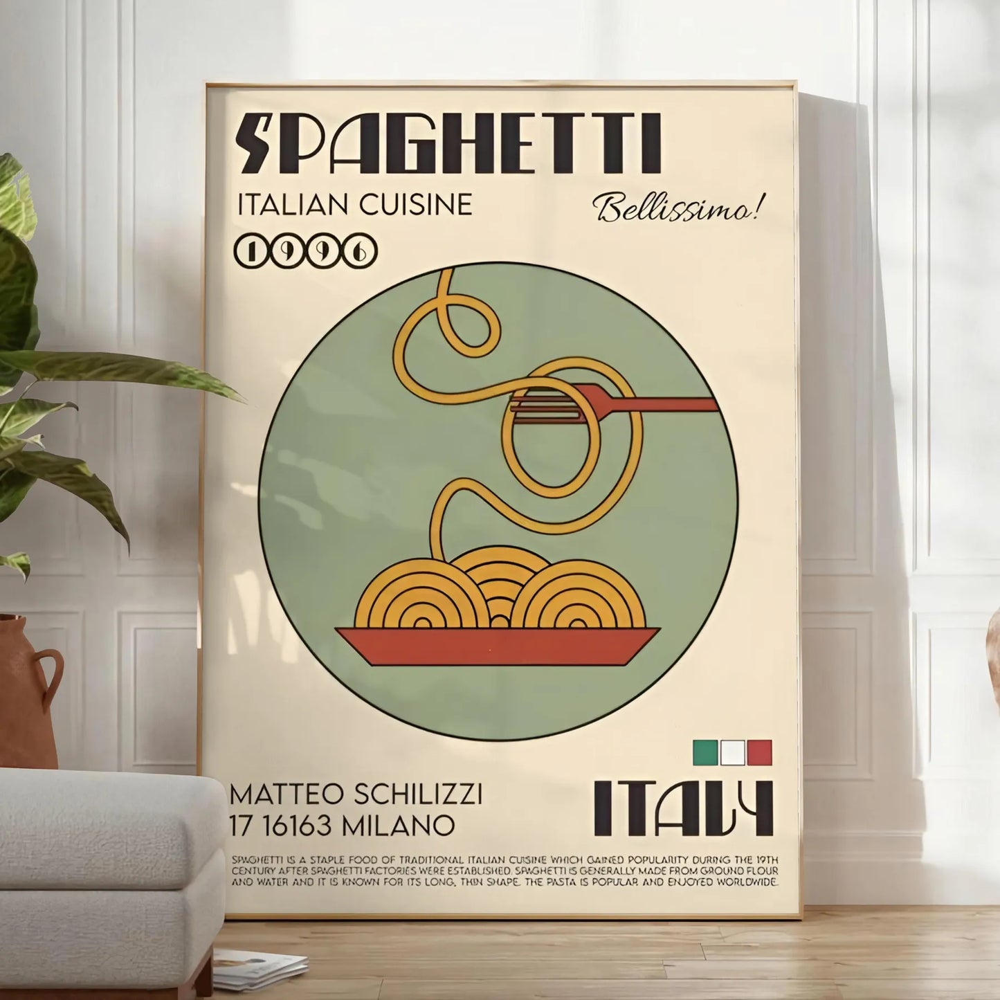 kitchen ambiance Spaghetti Italian Cuisine Poster elegant black brown hues wall art perfect gift food lovers chic touch culinary space A4 cm A0 print sizes