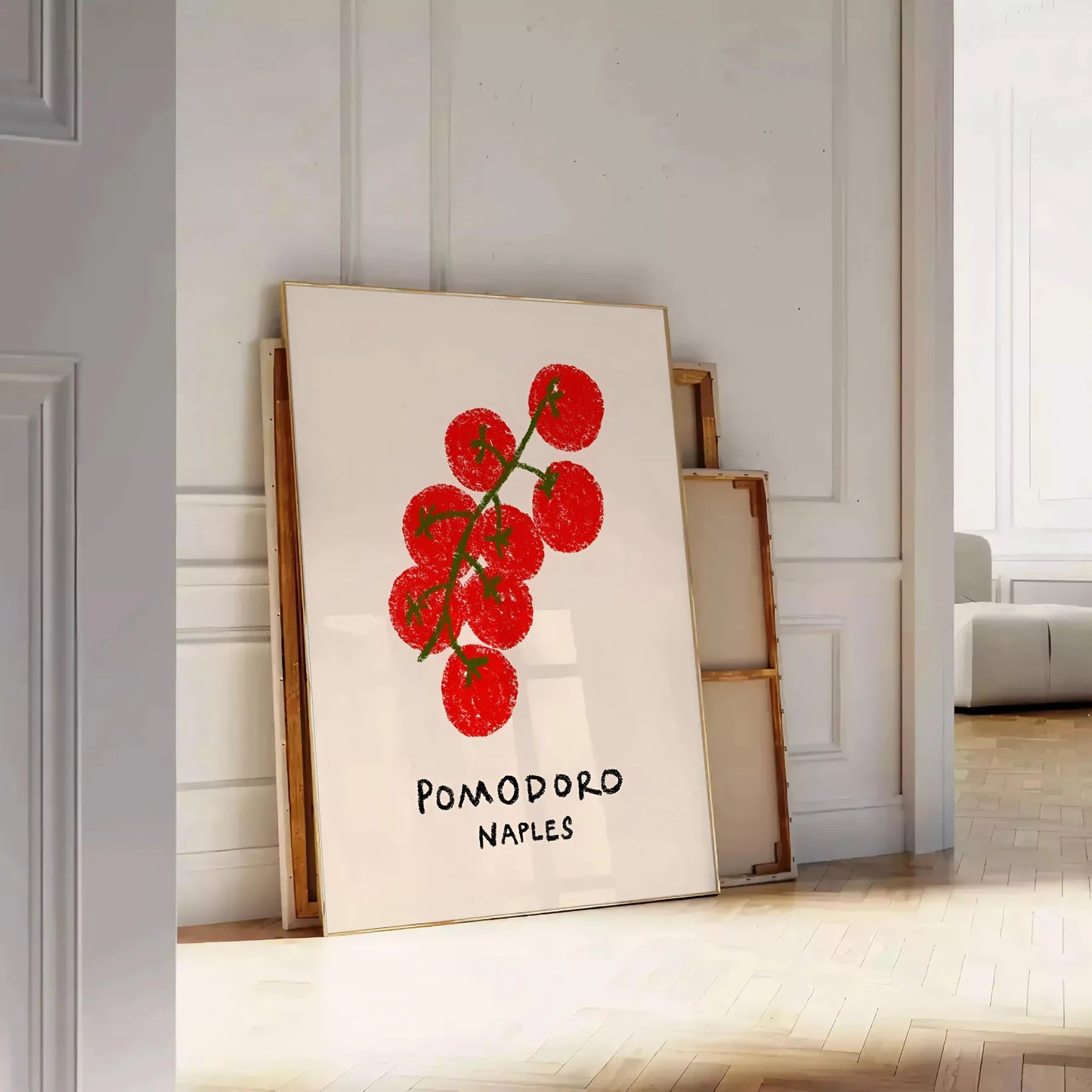 kitchen decor vibrant Pomodoro Naples poster fusion green orange hues wall art unique gift essence Italy culinary artistry sizes A4 cm A0