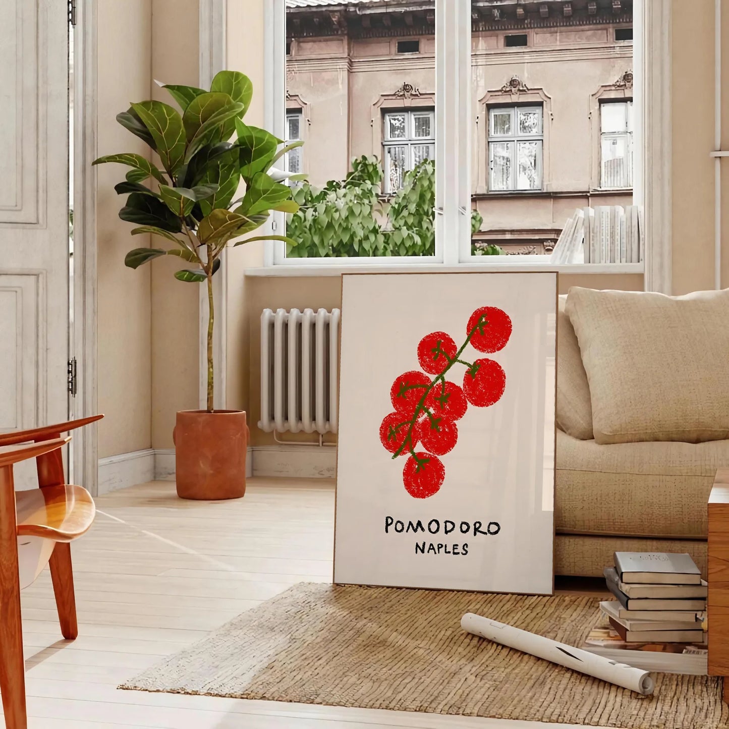 kitchen decor vibrant Pomodoro Naples poster fusion green orange hues wall art unique gift essence Italy culinary artistry sizes A4 cm A0