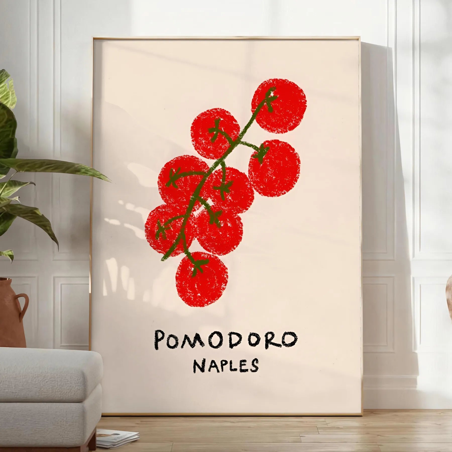 kitchen decor vibrant Pomodoro Naples poster fusion green orange hues wall art unique gift essence Italy culinary artistry sizes A4 cm A0