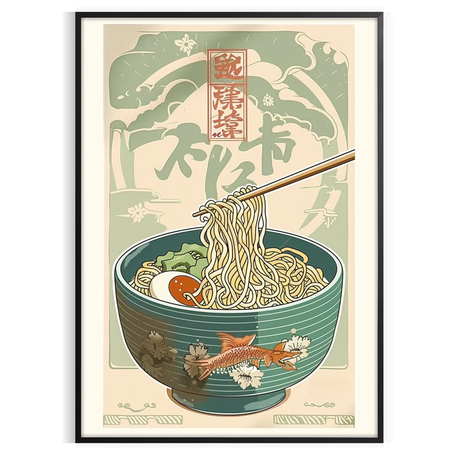 kitchen decor vibrant Ramen poster bold green orange hues stunning wall art taste culinary delight space unique gift personal artwork A4 cm A0