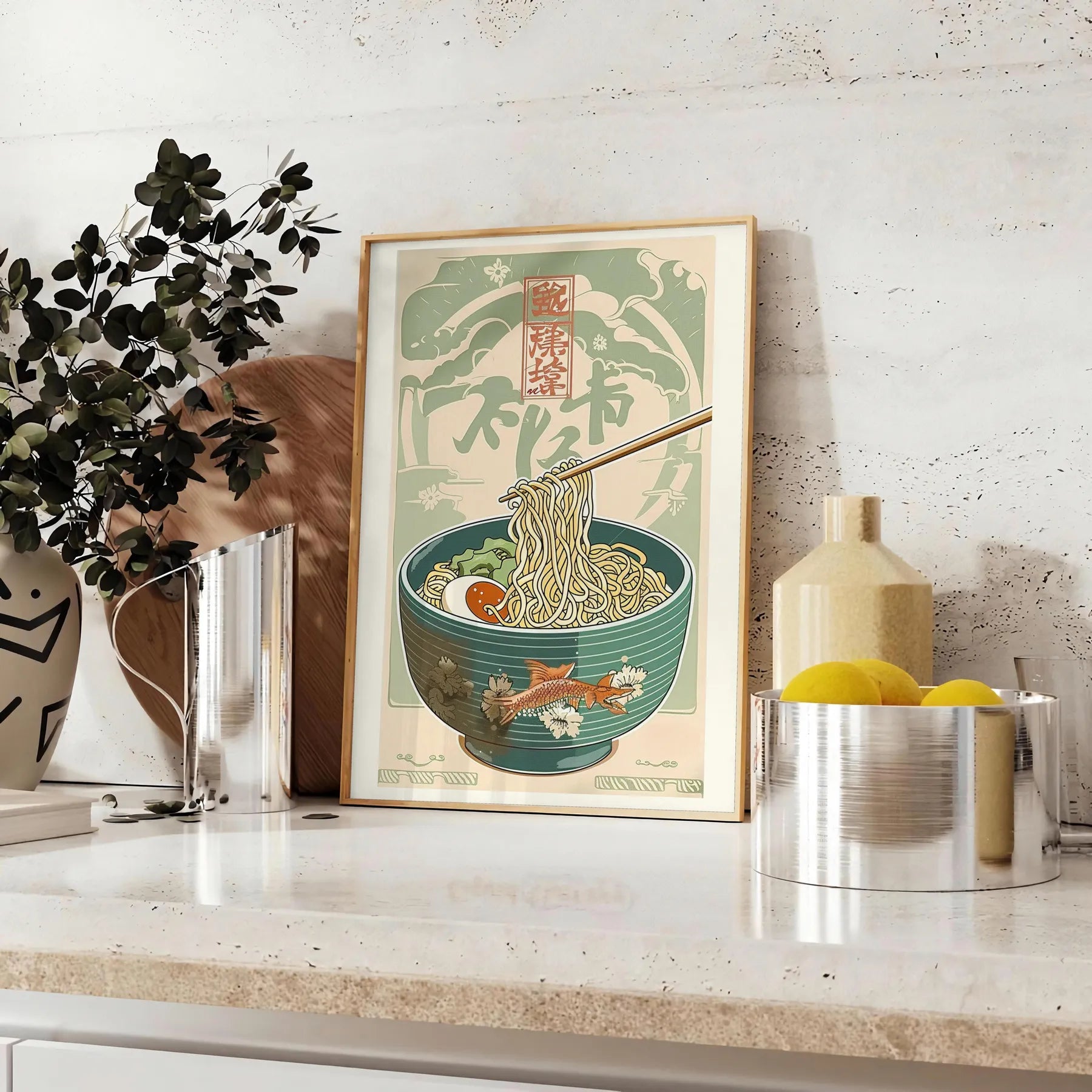 kitchen decor vibrant Ramen poster bold green orange hues stunning wall art taste culinary delight space unique gift personal artwork A4 cm A0