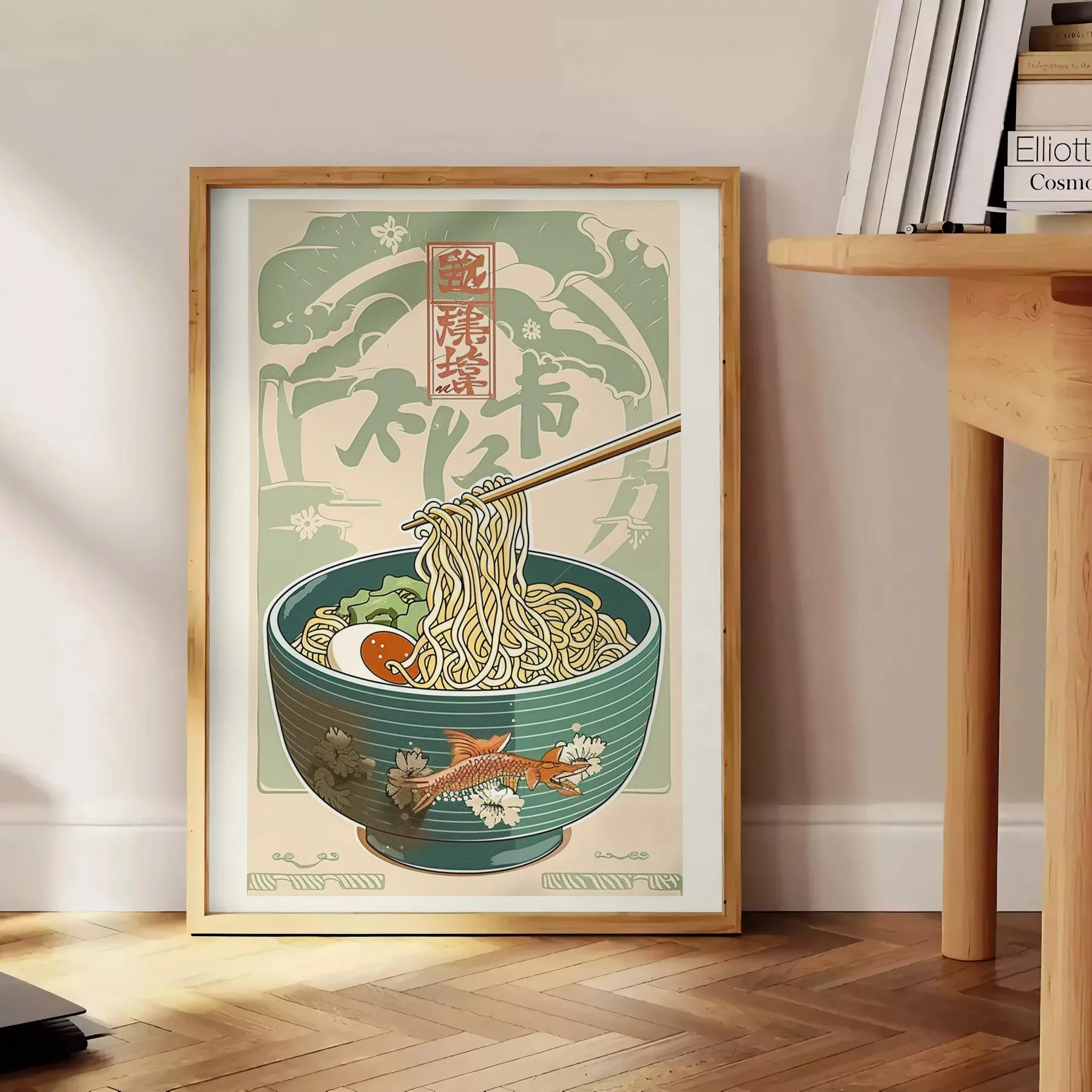 kitchen decor vibrant Ramen poster bold green orange hues stunning wall art taste culinary delight space unique gift personal artwork A4 cm A0