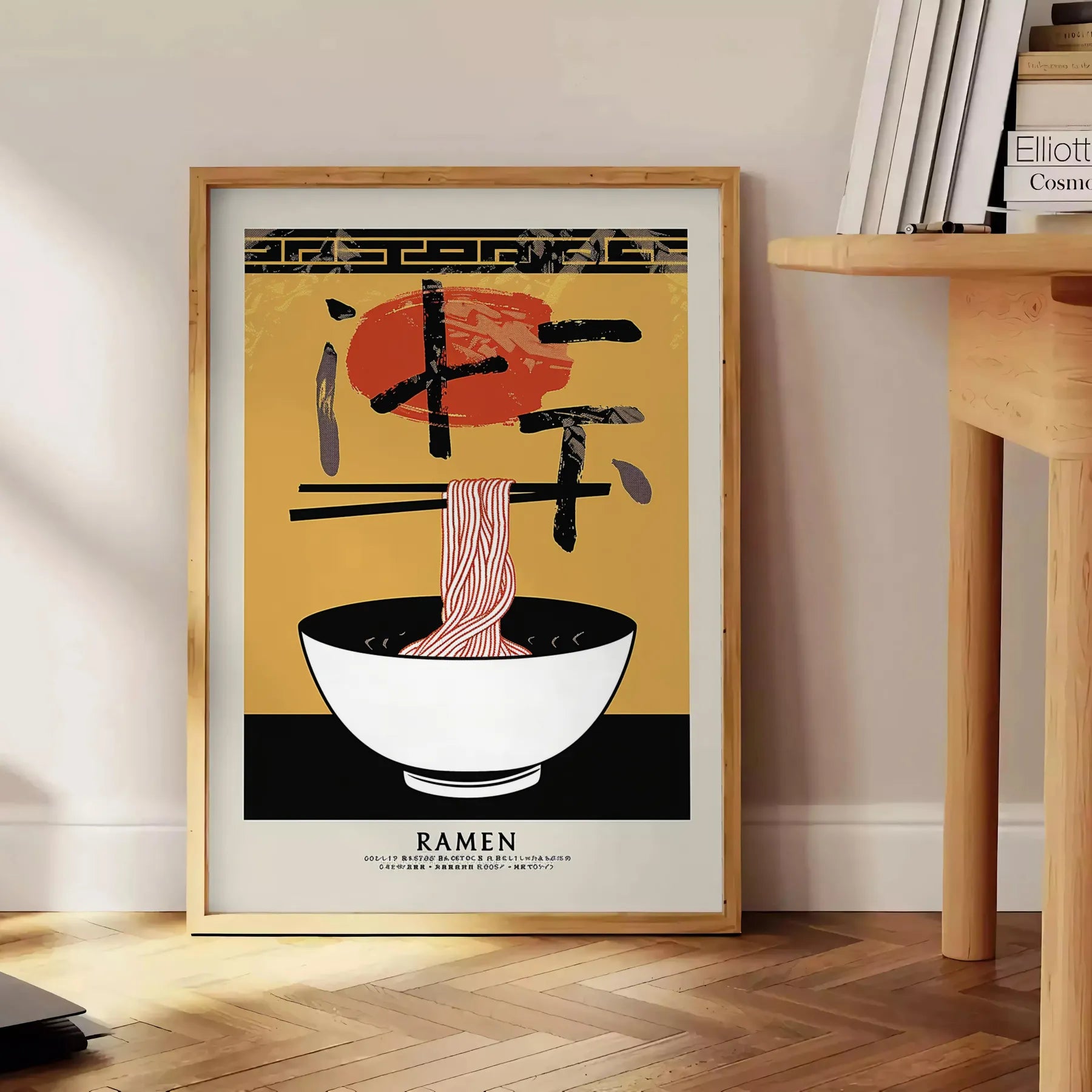 kitchen décor vibrant Ramen poster bold yellow black hues striking wall art essence favorite dish ideal gift lovers available sizes A4 cm A0
