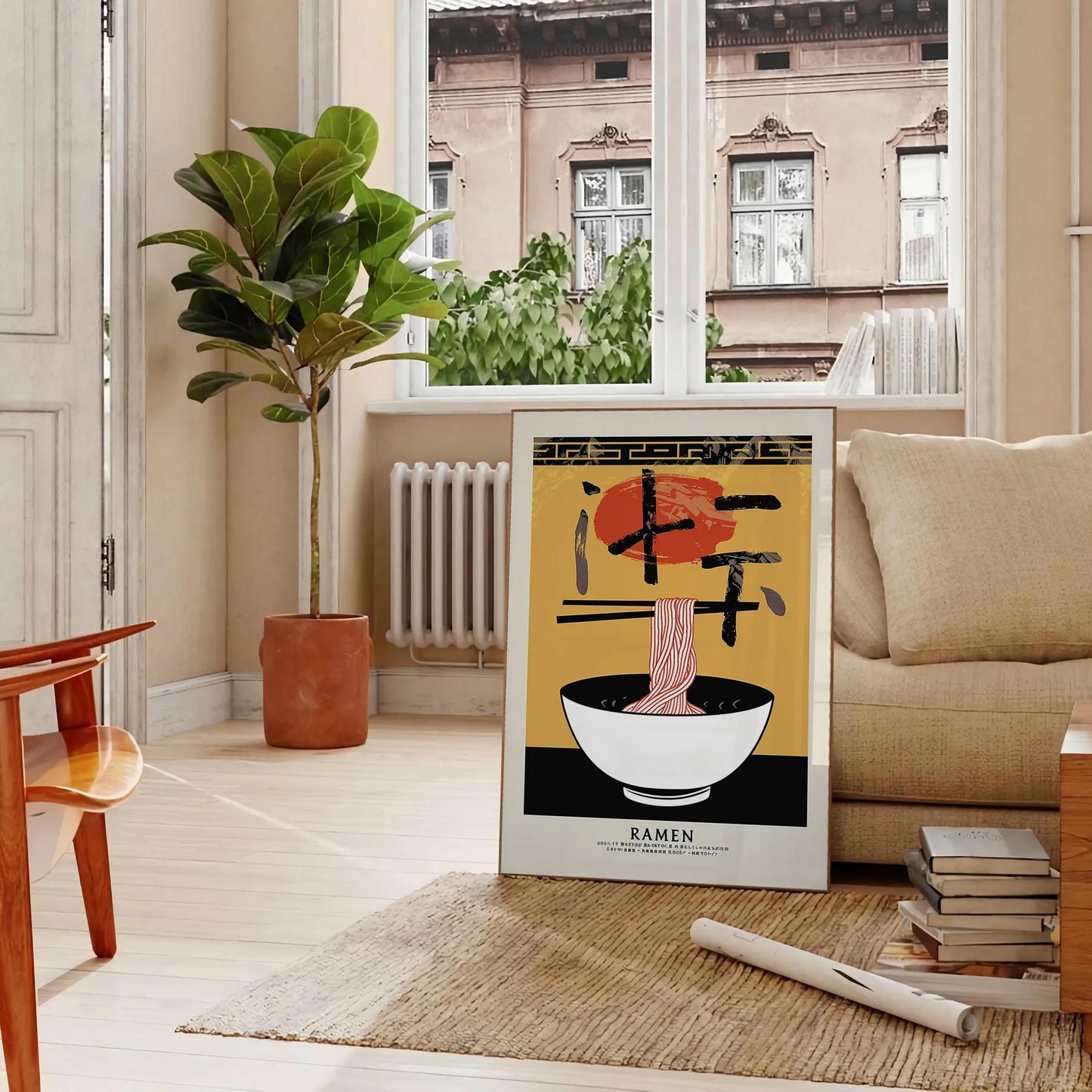 kitchen décor vibrant Ramen poster bold yellow black hues striking wall art essence favorite dish ideal gift lovers available sizes A4 cm A0