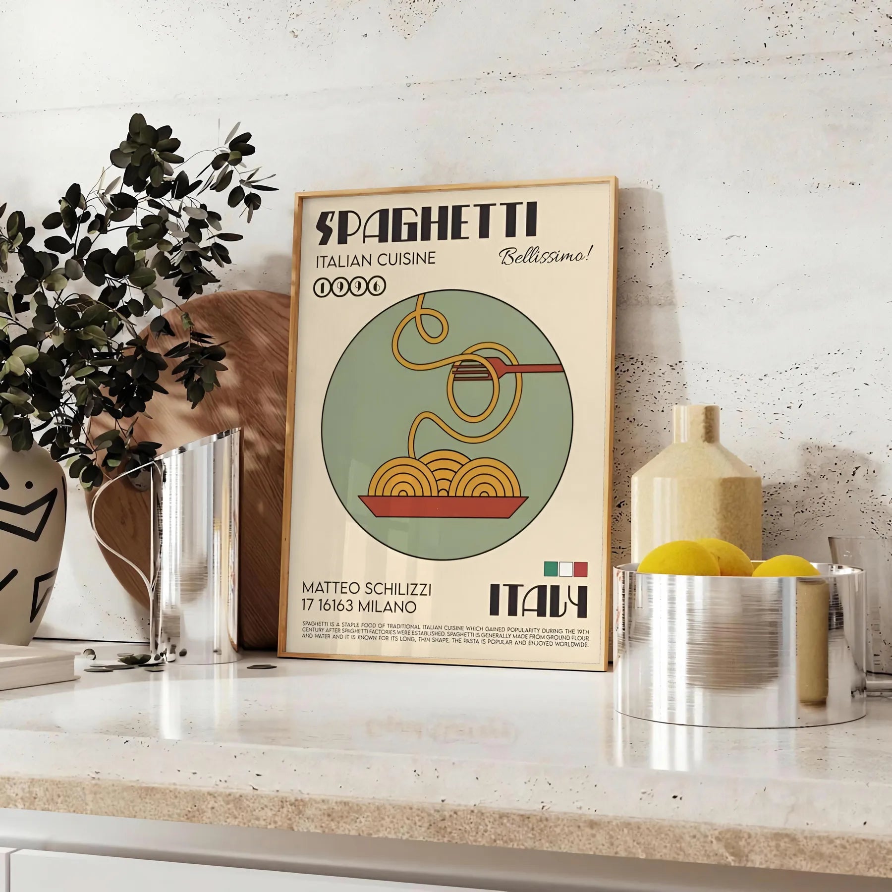 kitchen ambiance Spaghetti Italian Cuisine Poster elegant black brown hues wall art perfect gift food lovers chic touch culinary space A4 cm A0 print sizes