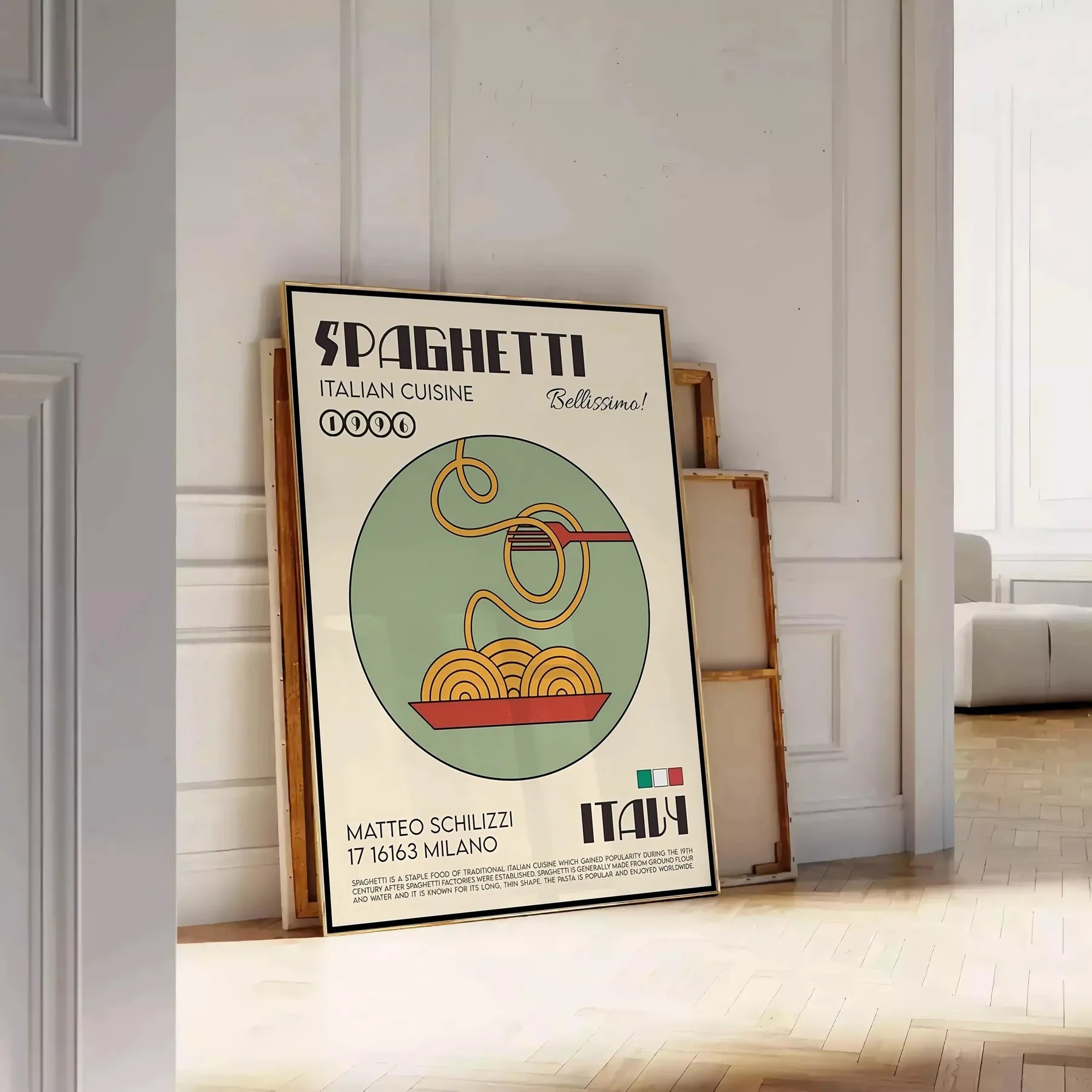 kitchen culinary haven stunning spaghetti Italian cuisine poster vibrant green accents sleek black background wall art perfect gift food lovers A4 cm A0 print sizes