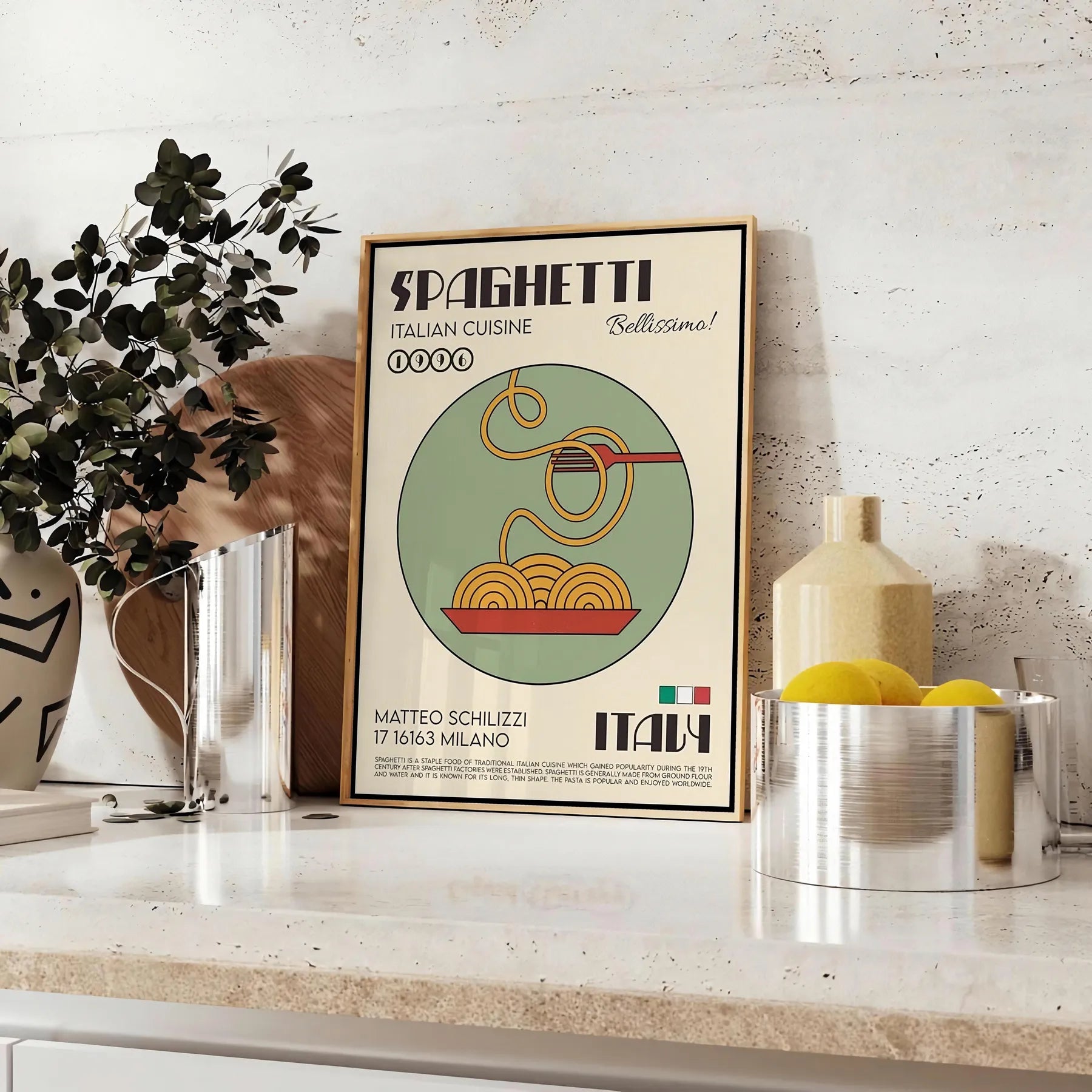 kitchen culinary haven stunning spaghetti Italian cuisine poster vibrant green accents sleek black background wall art perfect gift food lovers A4 cm A0 print sizes