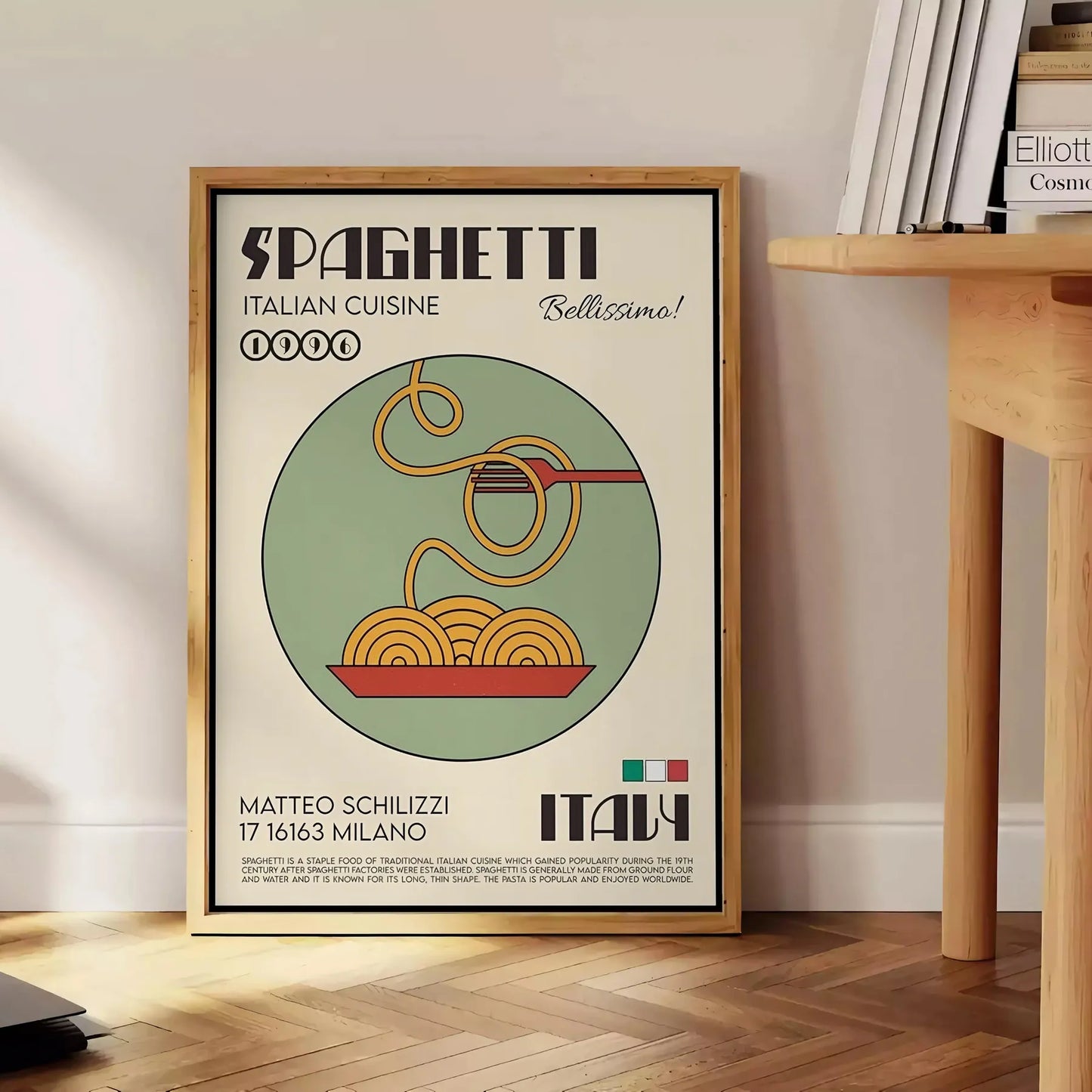 kitchen culinary haven stunning spaghetti Italian cuisine poster vibrant green accents sleek black background wall art perfect gift food lovers A4 cm A0 print sizes