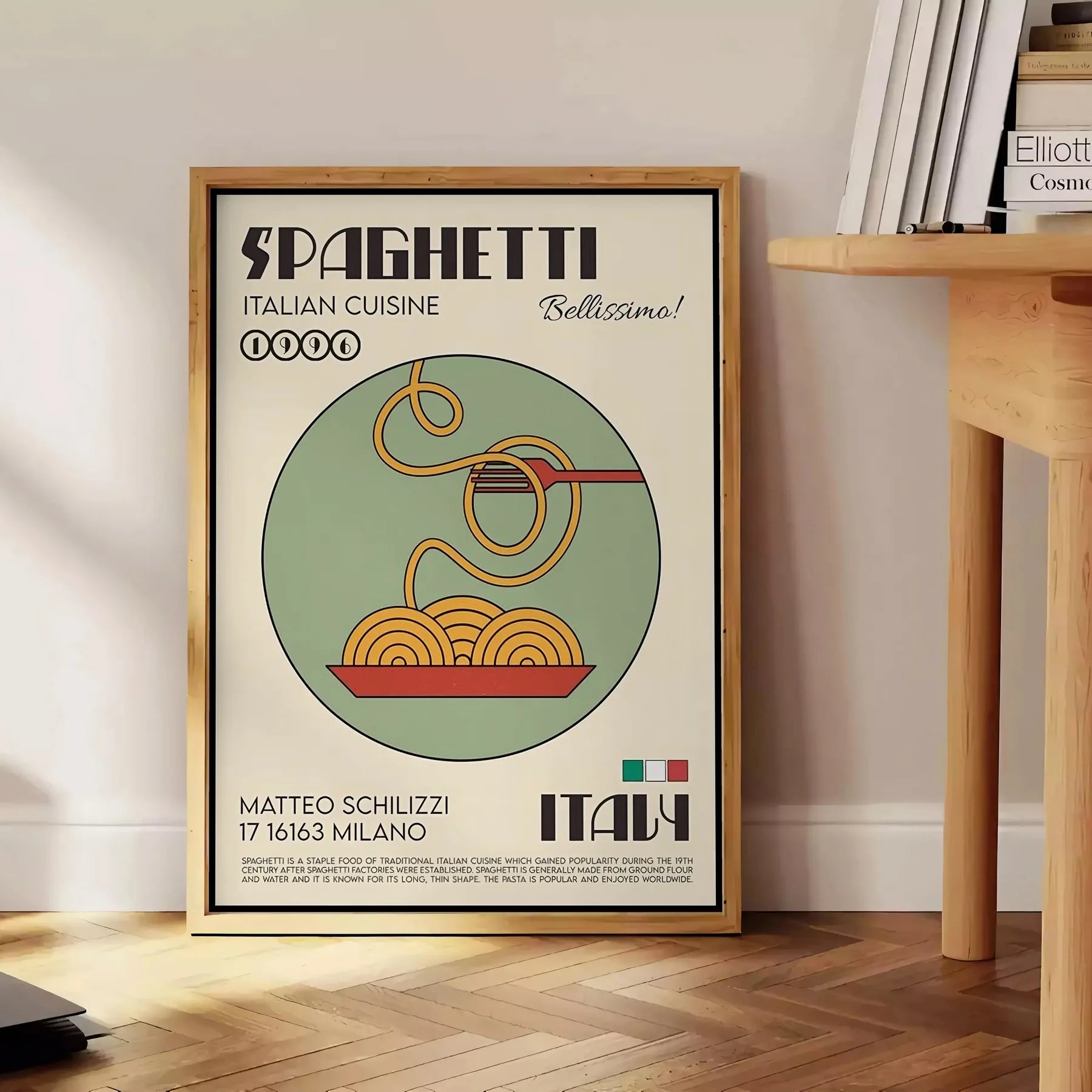 kitchen culinary haven stunning spaghetti Italian cuisine poster vibrant green accents sleek black background wall art perfect gift food lovers A4 cm A0 print sizes