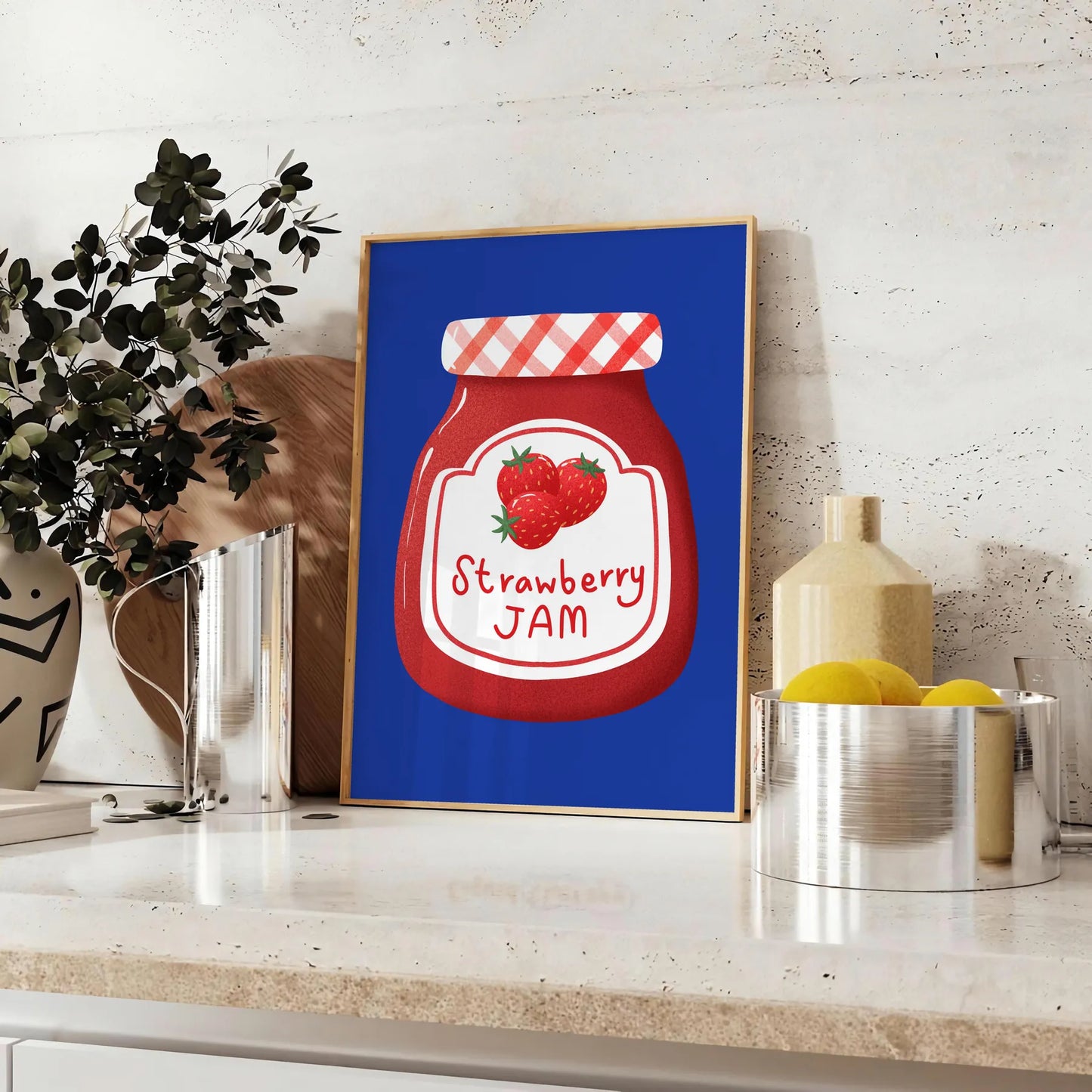 kitchen charming haven Strawberry Jam Art Poster rich blue brown hues captivating wall perfect gift culinary enthusiast unframed styles decor needs