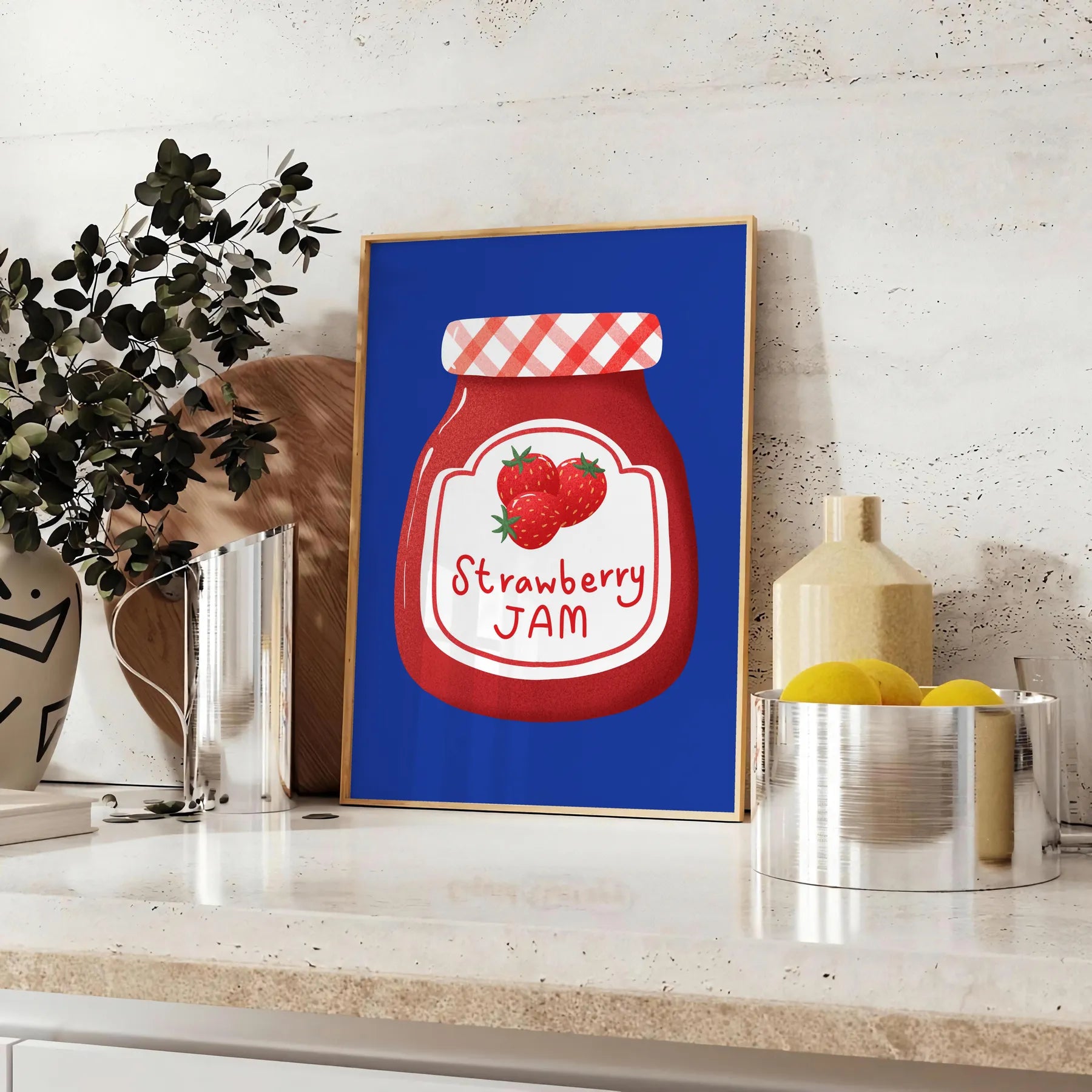 kitchen charming haven Strawberry Jam Art Poster rich blue brown hues captivating wall perfect gift culinary enthusiast unframed styles decor needs